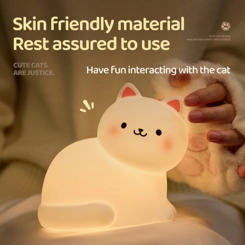 Silicone LED Touch Night Light White Kitten VALESO A068 for Bedroom Soft Toy Light - Фото № 9